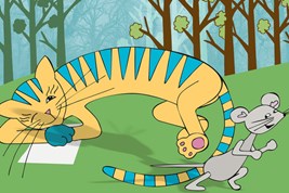 Bilete viser tunkatten Lurivar som ligg i skogen og ei mus som spring forbi.