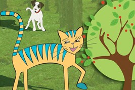 Bilete viser tunkatten Lurivar og den bortkomne hundekvalpen inne i skogen.