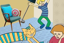 Bilete viser tunkatten Lurivar som er på besøk heime hos ein gut. Mamma sit ved eit bord og skriv og guten hoppar og dansar i bakgrunnen.