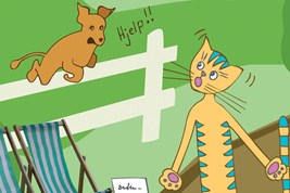 Bilete viser tunkatten Lurivar og bikkja frå byen. Hunden hoppar over eit gjerde og Lurivar ser forskrekka på han. 