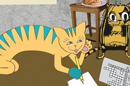 Bilete viser tunkatten Lurivar som skriv på eit ark. Ved sidan av sit Heavykatten.