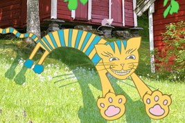 Bilete viser tunkatten Lurivar idét han gjer eit stort hopp utanfor gamlemuseet i Ivar Aasen-tunet.